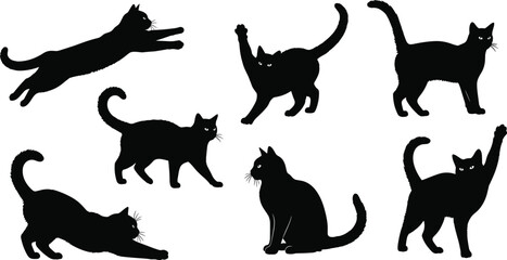 Large collection of black cat silhouettes and sitting people silhouettes, vector illustration set featuring domestic felines and human figures in various active poses. (Exactly 24 words) © MstNur