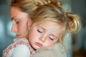 Little girl peacefully sleeping on mother's shoulder in cozy indoor setting Generative AI