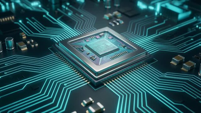 A close-up of a microchip on a circuit board with illuminated connections.