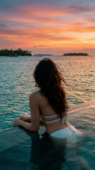 Beautiful woman in bikini admiring the sunset at the beach
