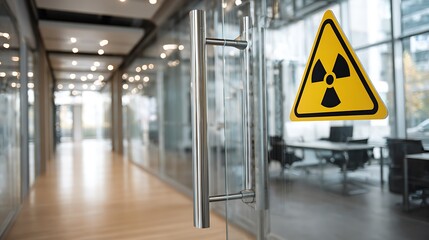 Interior office hallway with radiation hazard symbol on a glass door. Blurred background