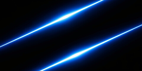 Bright blue spotlight ray beam illuminates a dark abstract space backdrop with glowing light waves © ayaat