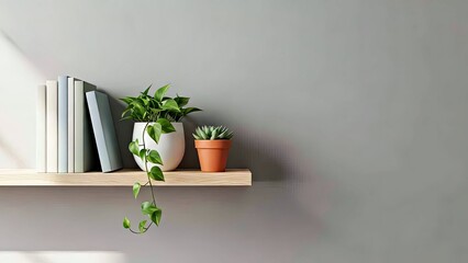 Modern Bookshelf with Indoor Plants and Minimalist Decor Against Neutral Gray Wall