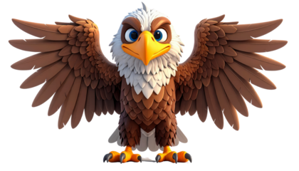 Illustrative cartoon eagle character with widespread wings and a determined expression, standing on a transparent background.