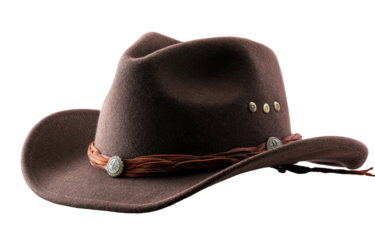 A side-view studio shot of a brown cowboy hat, isolated on a black background