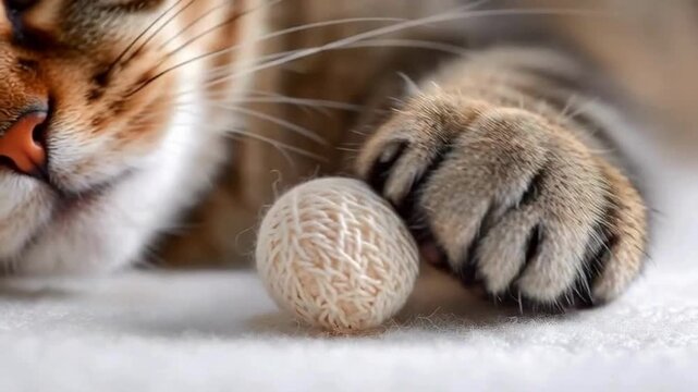 Close-up of adorable cat paw holding yarn ball on soft surface