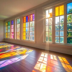 Colorful stained glass windows in a sunlit room