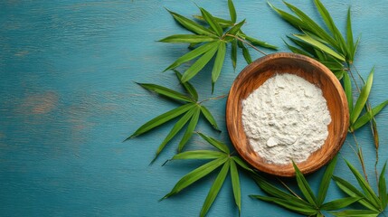 CBD hemp powder in wooden bowl with green leaves on blue background