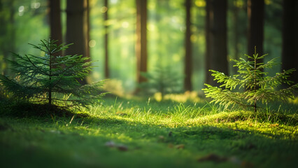Serene forest glade with sunlit trees and lush greenery