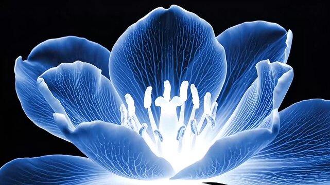 A blue flower's x-ray view showcasing intricate details and structures in high definition video