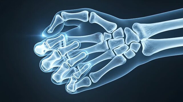 X-ray image of a hand with highlighted finger injury from a medical examination