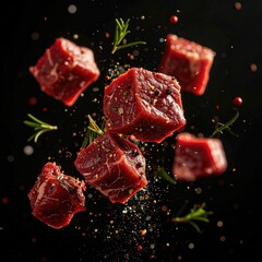 Cubes of raw beef, seasoned, in mid-air, with spice and herbs