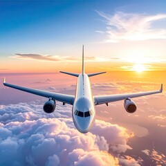 Jet plane soars through vibrant sunset clouds