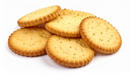 Stack of golden round buttery savory crackers on white background