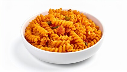 Bowl of fusilli pasta with tomato sauce isolated on white
