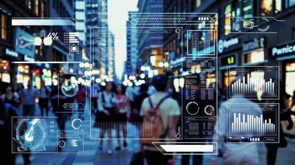 This captivating video features a busy city street filled with people and modern technology. Futuristic graphics overlay the scene, showcasing data and statistics that enhance the urban experience, bl