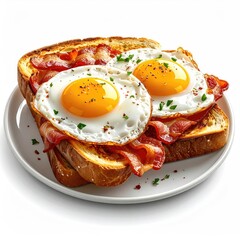 Two fried eggs atop toasted bread with bacon