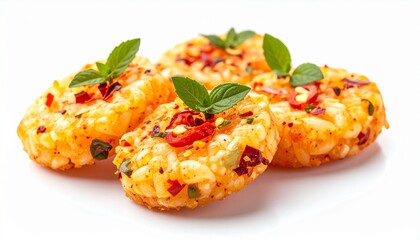 Fried shrimp appetizer topped with spicy chili salsa