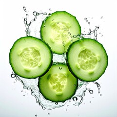 Fresh cucumber slices in water splash