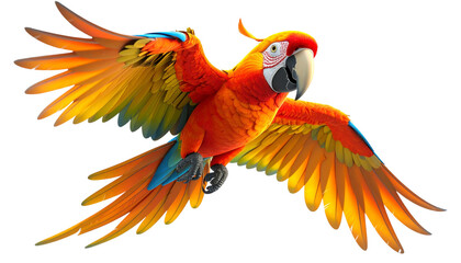 Obraz premium Vibrant Scarlet Macaw Soaring in Flight, Colorful Tropical Bird on Black Background