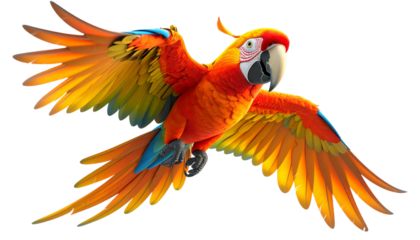 Vibrant Scarlet Macaw Soaring in Flight, Colorful Tropical Bird on Black Background