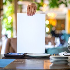 Hand holding blank menu on restaurant table