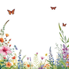 Butterflies flying above a vibrant and diverse floral landscape with various colorful flowers and lush greenery viewed from a low angle.