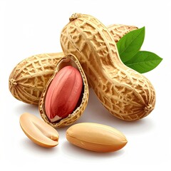 Peanuts in shells, one open, with leaves