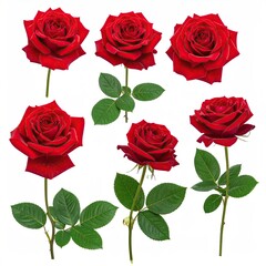 Red roses, isolated on white background, various views, close-up