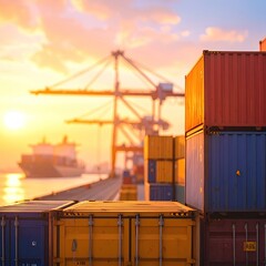Colorful shipping containers at sunset port