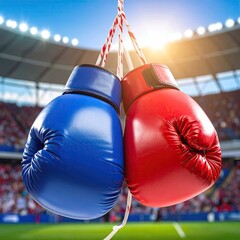 Two boxing gloves, blue and red, hanging against a stadium backdrop