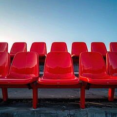 Empty red stadium seats against a clear sky