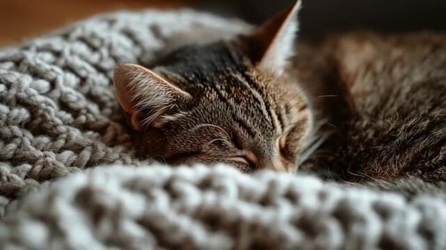Close up of a cute tabby cat lying on the floor and resting peacefully