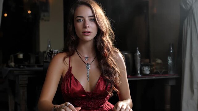 Cunning lady showcases her poker skills in a dimly lit setting, surrounded by smoke and an air of mystery, as she masterfully plays her cards in a high-stakes bluff