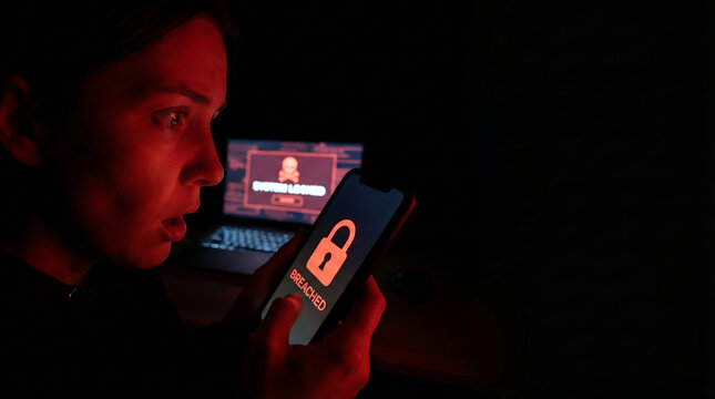 Shocked person looking at smartphone screen with red glow cyber security hack concept.