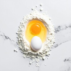 Broken egg in flour nest on marble