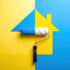 House painting, yellow, blue, roller