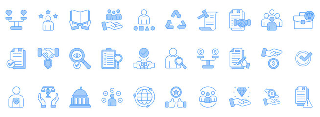 Business Ethics Icon Set. Contains Icons That Are Relevant For Business. Designed In Vector Lineal Blue Style