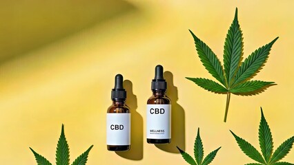 CBD Oil Bottles with Fresh Hemp Leaves on Vibrant Yellow Background for Wellness