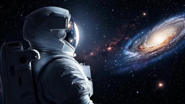 This captivating video takes viewers into the depths of space, showcasing an astronaut gazing at a stunning galaxy. The vastness of the universe highlights exploration, wonder, and the beauty of our c