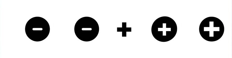 Obraz premium Black circles with plus and minus symbols on white background. Illustration of electric charge