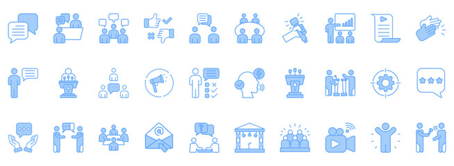 Speaking Icon Set. Contains Icons That Are Relevant For Business. Designed In Vector Lineal Blue Style