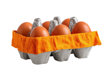 A carton of six brown eggs with an orange trim, isolated on black background