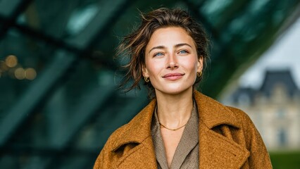 Radiant and Stylish: Captivating portrait of a woman embodying elegance and confidence, her gaze filled with warmth and a hint of mystery.