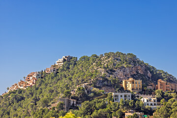Fototapeta premium Hill with residential houses and lush green trees