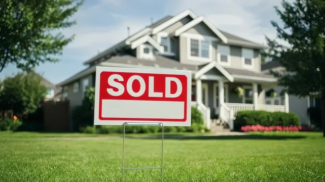 A proud "Sold" sign stands in front of a beautiful house, symbolizing the excitement of new beginnings. The perfect home awaits its new owners, ready to create lasting memories together.