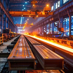 Hot steel beams moving on a factory track