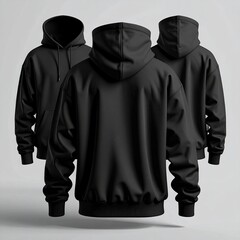 Three views of a plain black hoodie