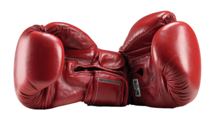 Pair of professional red leather boxing gloves against a solid black background