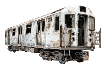 Decayed, rusty railcar, windows shattered, displaying signs of significant age and abandonment